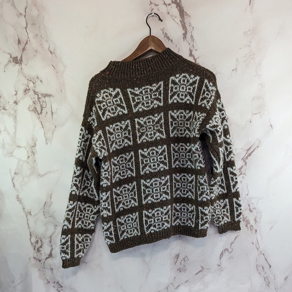 Vintage Sweater Womens Large Brown Medallion Boho Granny Square 90s Knit Pattern - Picture 5 of 10